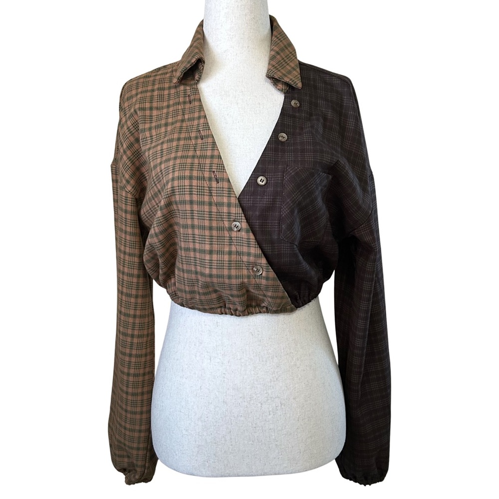 RIVIR Plaid Button Up Cropped Blouse Long Balloon Sleeve - S - Brown, Tan, Green